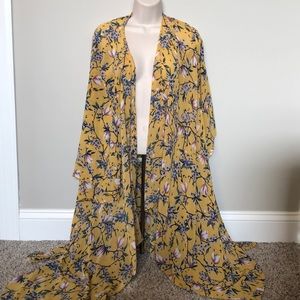 Yellow Boho Floral Print Open Front Kimono Coverup